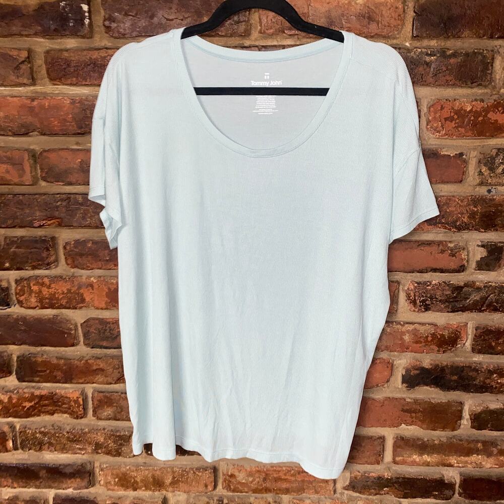 Tommy John Sage Green Micro Rib Ribbed Knit Short Sleeve Top Women's Size Large
